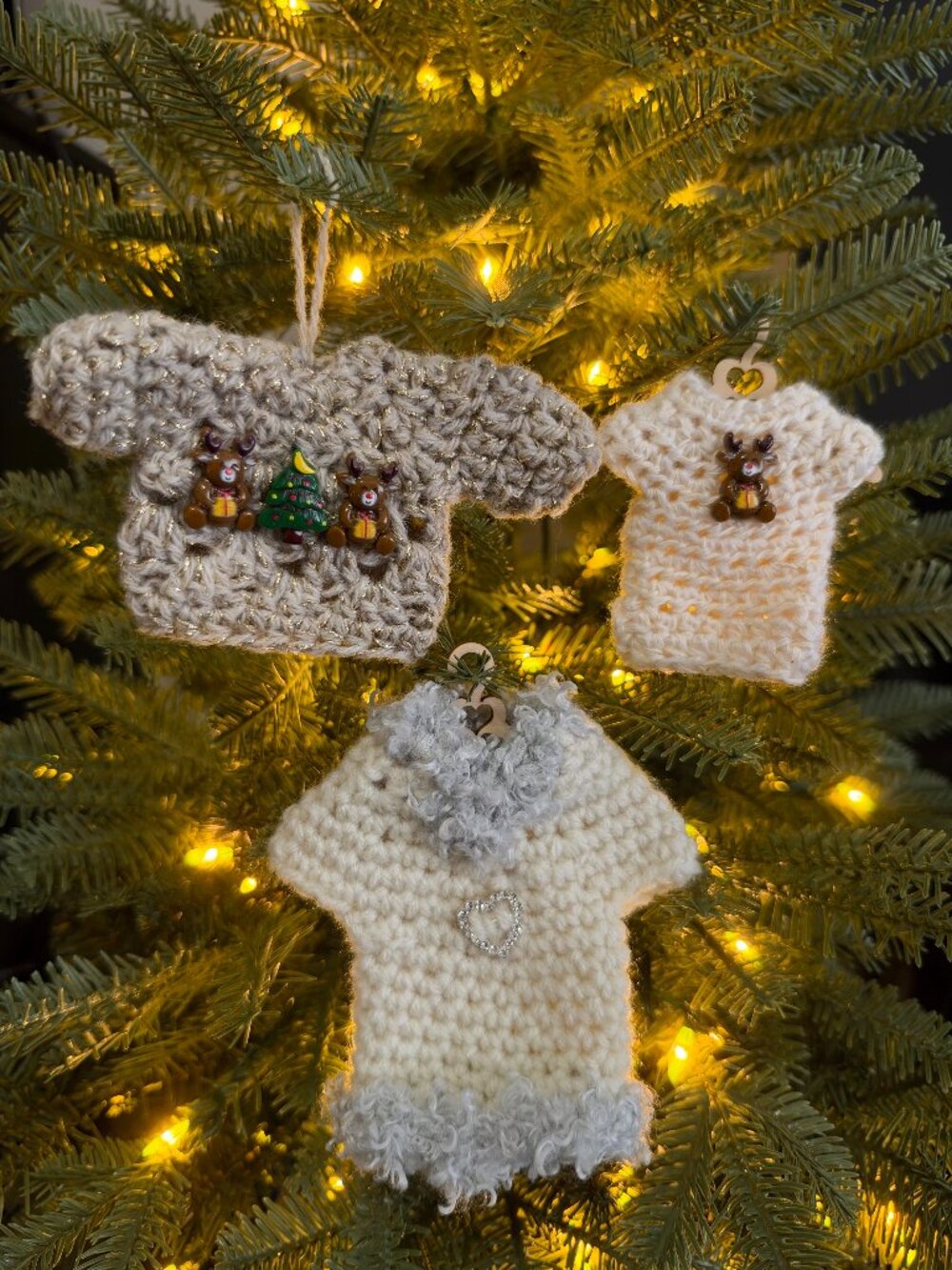 Handmade Crochet Ugly Christmas Sweaters Hanging Beige Grey Ornaments Set of 3